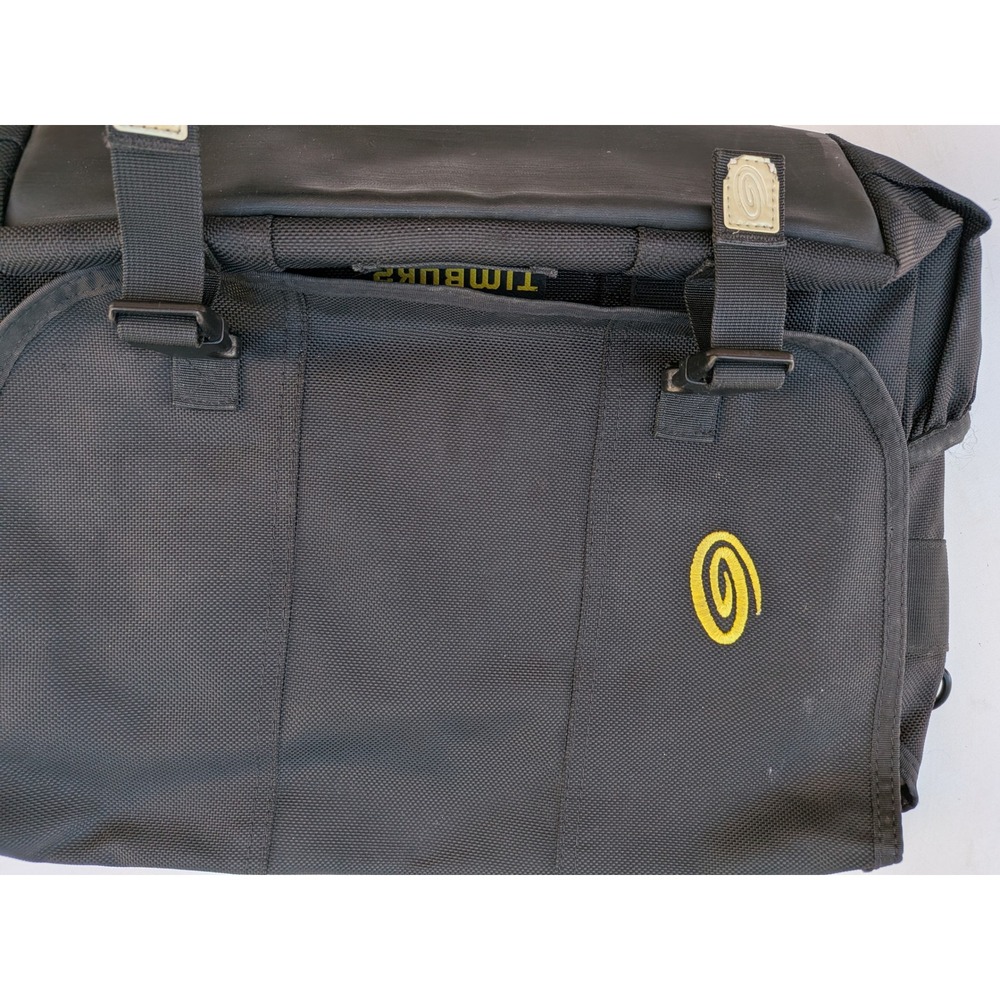 Timbuk2 Messenger Bag Black Yellow Logo Adjustable Strap Padded Back